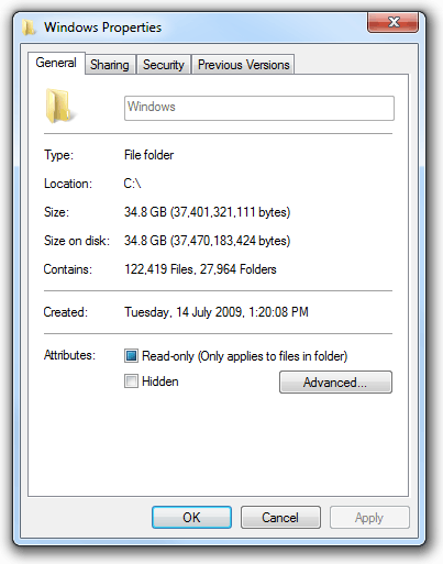 windows folder properties size